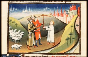 Jonathan warns David of his peril by shooting off arrows, he send away the boy with the arrows