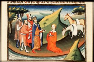 David is met by Abigail, the wife of Nabal, who brings him food