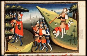 Asahel killed by Abner's spear; Joab blows the trumpet to stop the pursuit
