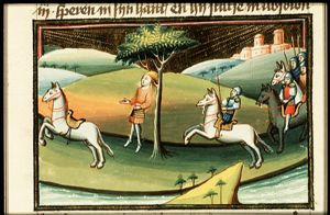 The death of Absalom: pursued by Joab, he remains hanging by his hair in an oak-tree