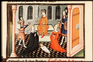 The judgement of Solomon: Solomon gives verdict; he commands a soldier to divide the living child in two; the true mother objects