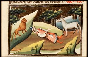 The prophet of Judah, killed by the lion, lies on the road beside his donkey
