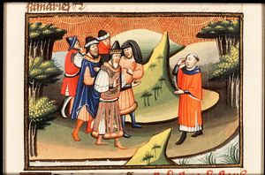 The wounded prophet waits by the road for King Ahab and predicts his punishment
