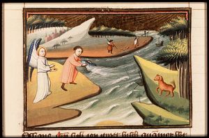 Tobias, travelling with the angel Raphael, catches a large fish