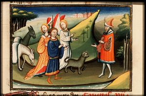 Coming home, Tobias, accompanied by Sarah and the angel, is met by Tobit