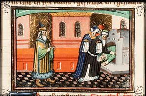 Shadrach, Mesach and Abednego emerge unharmed out of the fiery furnace