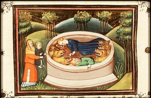 The conspirators are thrown into the den and devoured by the lions