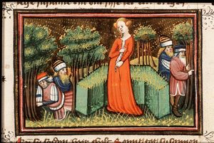 The two elders spy upon Susanna walking in the garden