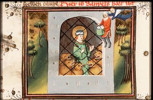 Habakkuk, carried by an angel, brings food to Daniel in the lion's den