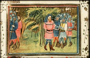Achior, tied to a tree by Holofernes' men, is freed by the Israelites