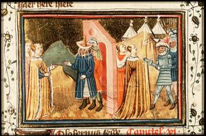 Judith speaks with the elders; Judith arrives at Holofernes' camp