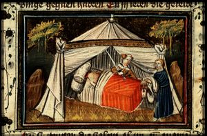 Judith and her maidservant put the head of Holofernes into a sack