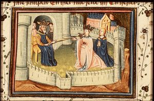 Esther kneels before Ahasuerus