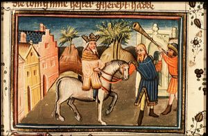 Mordecai's triumph: Mordecai on the king's horse is led through the city by Haman