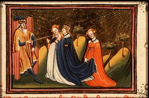 Esther kneels before Ahasuerus