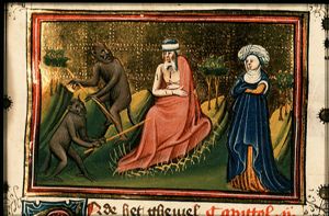 Job on the dung-hill is tormented by his wife and two devils