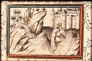 Alexander pushes Nectanebus to his death and carries his body to the palace