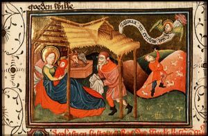 The Nativity: Mary lies in bed holding the Christ-child, Joseph is bringing napkins; annunciation of Christ's birth to the shepherds