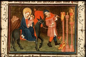 The Flight into Egypt: Mary, St. Joseph and the Christ-child on their way, the idols fall, soldiers of Herod questioning the farmer