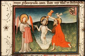 The baptism of Christ by St. John the Baptist, an angel holds Christ's robe