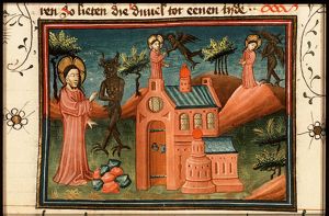 The three temptations of Christ in the desert by Satan