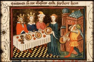 The beheading of St. John the Baptist; Salome offers the head to her mother