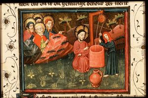 Christ asks the woman of Samaria for a drink from her jug