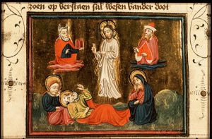 The Transfiguration: Christ, Moses and Elijah hover over three apostles