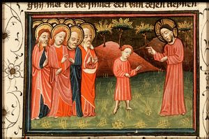 Christ sets a child amidst the apostles: 'unless you ... become like children'