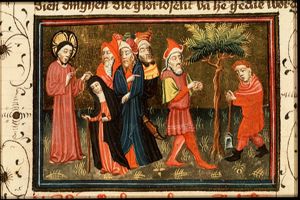 Christ heals a woman 'bent-over'; the parable of the barren fig-tree