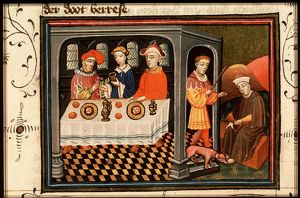 The parable of Dives and poor Lazarus: Lazarus starving at the gate