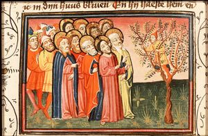 Christ calls on Zacchaeus who sits in a tree