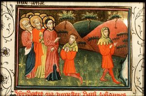 Christ heals a man born blind; the cured man at the pool of Siloam