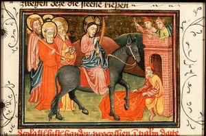 The Entry into Jerusalem: Christ enters the city-gate on an ass