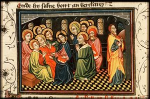 The Last Supper: Christ teaching, Judas goes out to betray Christ