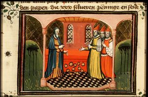 The repentance of Judas: Judas returns the pieces of silver to the priests