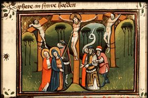 The Crucifixion, with Mary, St. John, the two malefactors, the confessing centurion, and Longinus piercing Christ's side with a lance