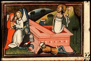 The Resurrection: Christ steps out of his tomb; the three Maries at the empty tomb