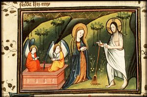 Christ appears to St. Mary Magdalene as a gardener; angels in the empty tomb