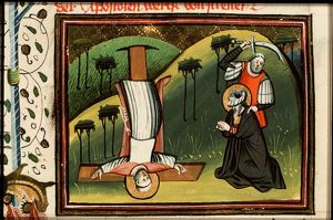 The martyrdom of St. Peter and St. Paul: St. Peter is crucified upside down and St. Paul is beheaded