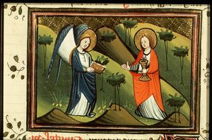 The Evangelist St. John takes the little book from the angel to eat it