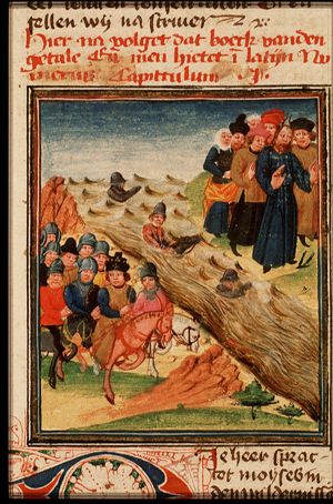 The Israelites cross the Red Sea; Pharaoh's army perishes in the water
