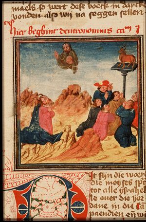 Moses communicates with God on Mount Sinai; Adoration of the Golden Calf