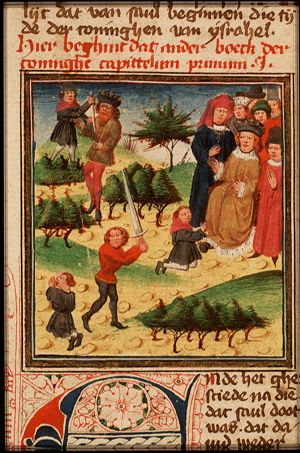 The death of Saul; the Amalekite messenger who brings David the message of Saul's death is put to death by one of David's soldiers