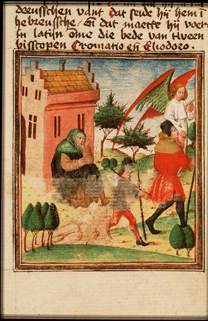 Tobias leaves Tobit; Tobias travels with the angel Raphael
