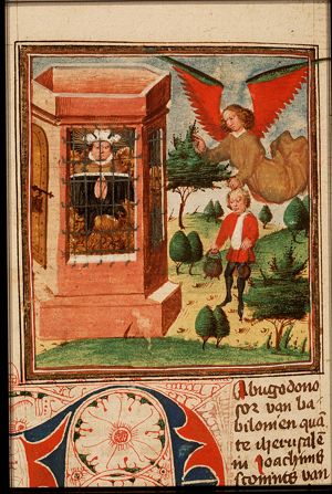 Habakkuk, carried by an angel, brings food to Daniel in the lion's den