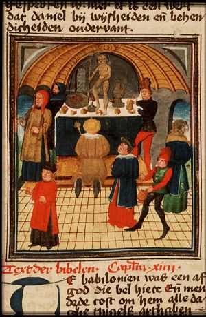 King Cyrus worships the image of Bel; Daniel's servant strews ashes on the floor