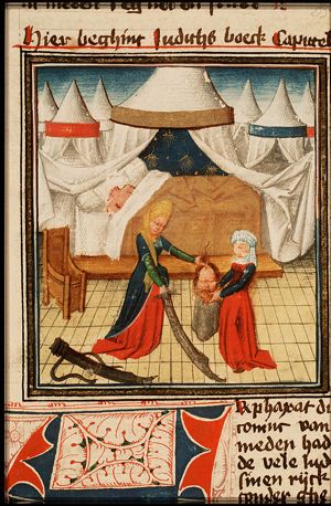 Judith puts the head of Holofernes into a sack