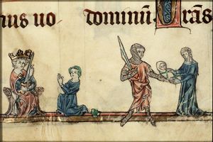 The judgement of Solomon: Solomon gives verdict; he commands a soldier to divide the living child in two; the true mother objects