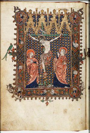 The Crucifixion, with Mary and St. John, angels holding sun and moon; Ecclesia and Synagogue; a chalice below Christ's feet catches his blood